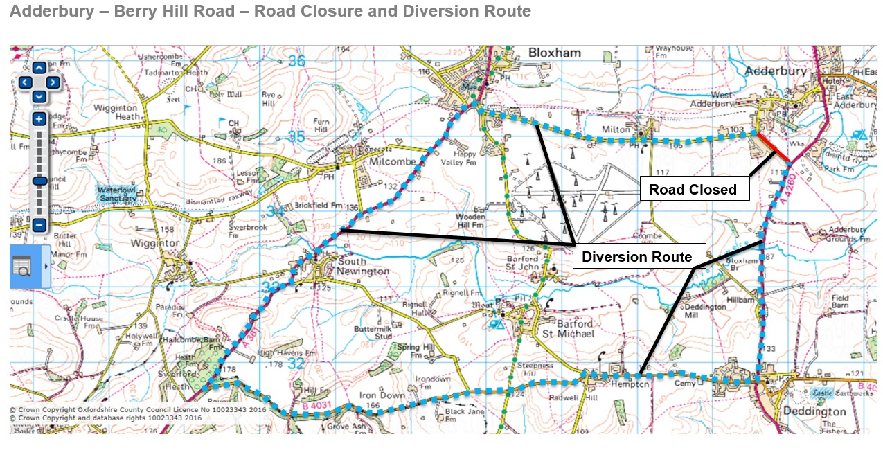 Map showing route for diversion around road closure in November 2016