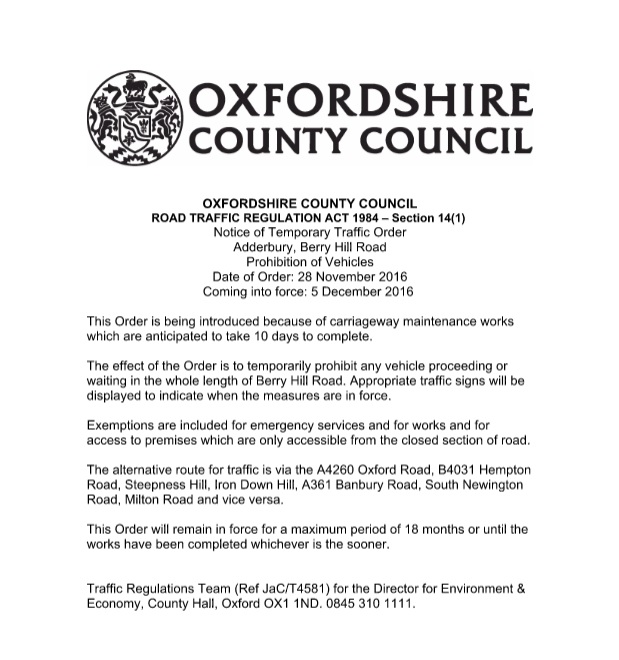 Notice of Oxfordshire County Council Road Traffic Regulation Act 1984 - Section 14(1)