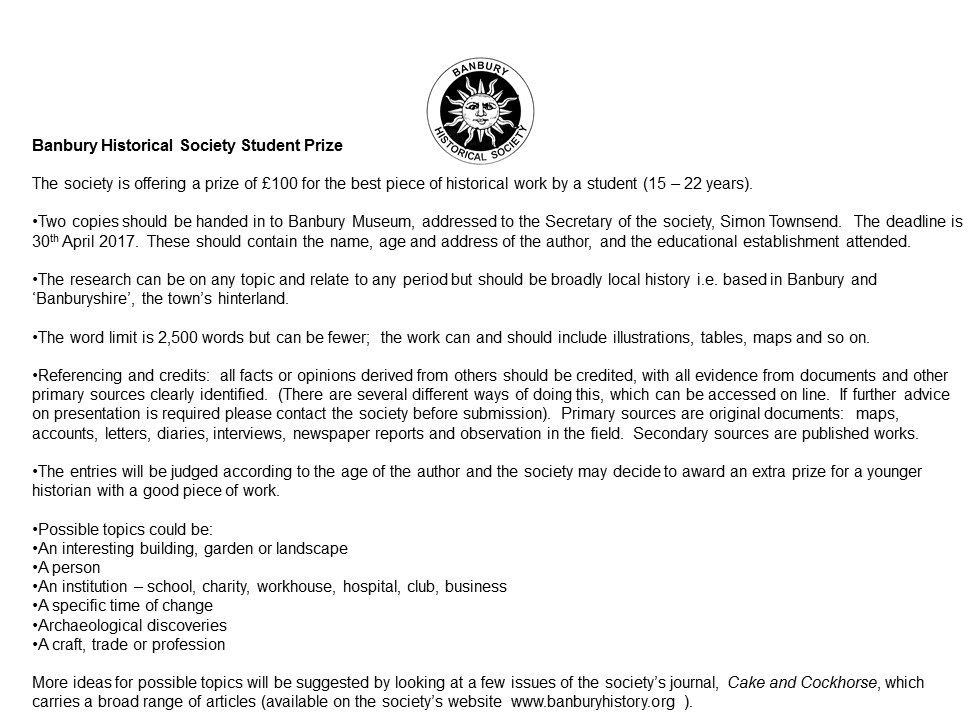 Details of a Banbury Historical Society student prize, 2016