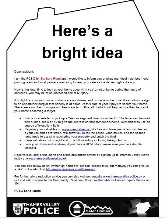 Poster from Thames Valley Police, giving information on what local neighbourhood police team are doing.