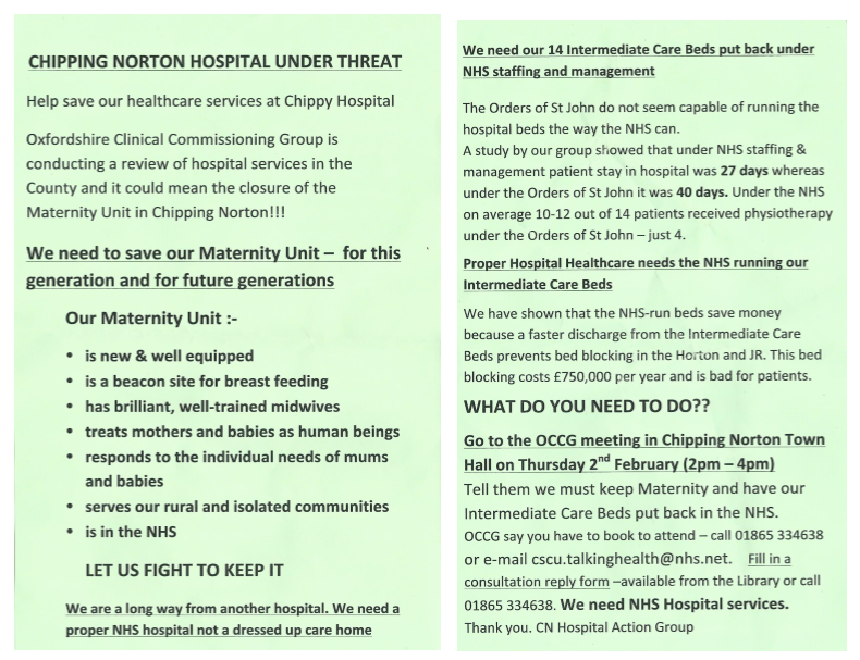 Flyer for Chipping Norton hospital