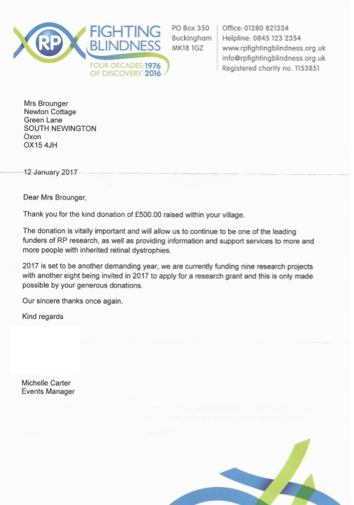 Thank you letter from Fighting Blindness for donation of £500