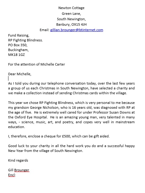 Letter confirming donation of £500 to Fighting Blindness