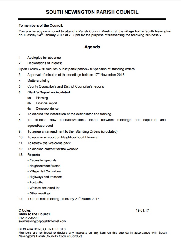 Agenda for Parish Council Meeting January 2017