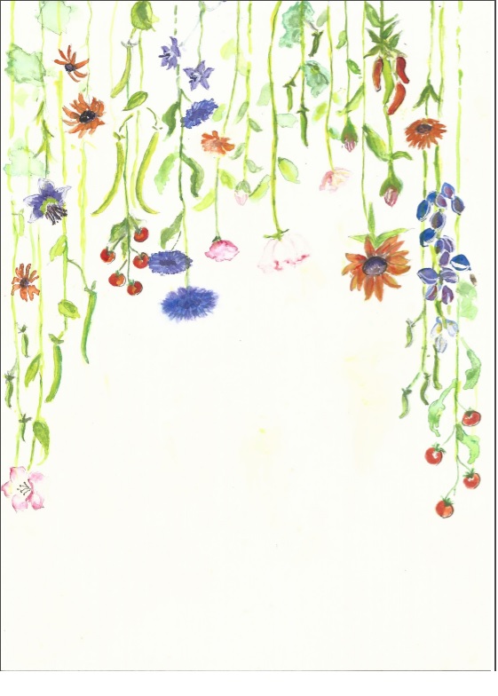 Painting of flowers coming down from top of white background
