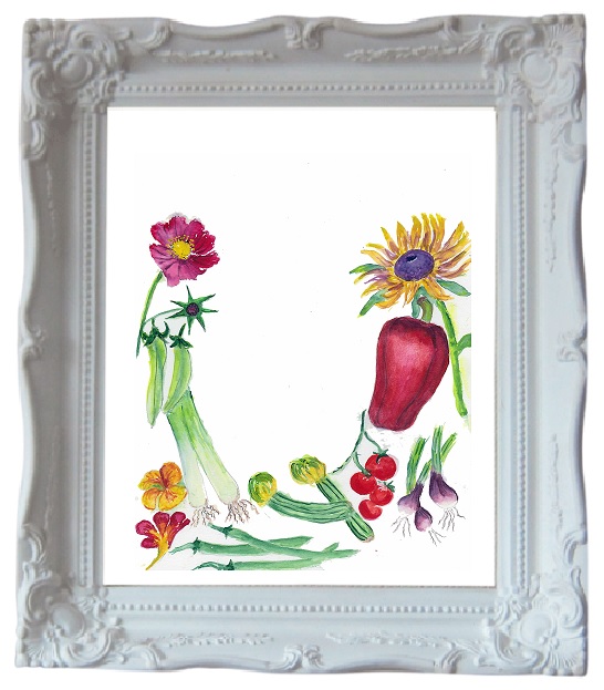 Painting of various flowers and vegetables on a white background, in a white frame