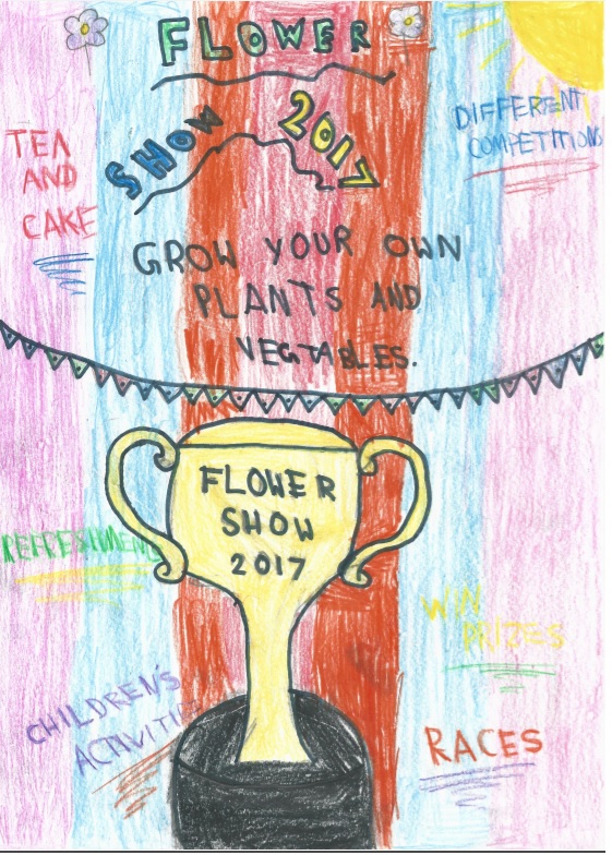 Child's drawing of poster for Flower Show 2017. A gold trophy reads Flower Show 2017.