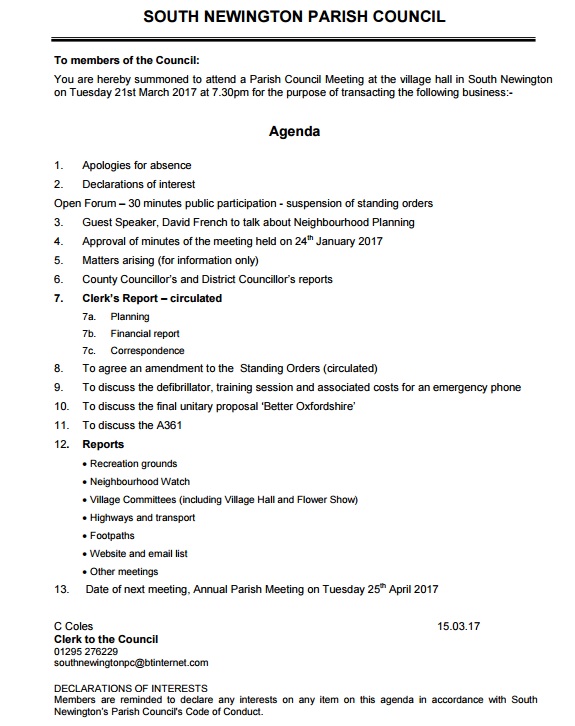 Agenda for parish council meeting for March 2017