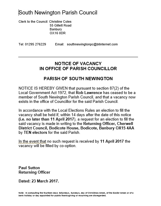 Notice of parish councillor vacancy, March 2017