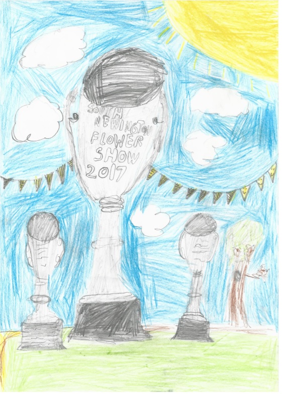 Child's drawing of trophies, one reading South Newington Flower Show 2017
