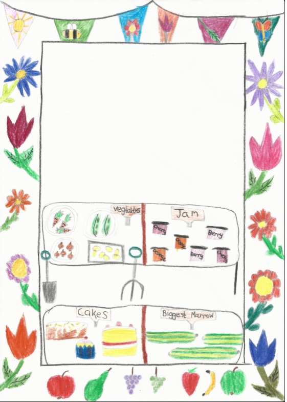 Child's drawing of vegetables, jam, cakes and marrows on separate tables