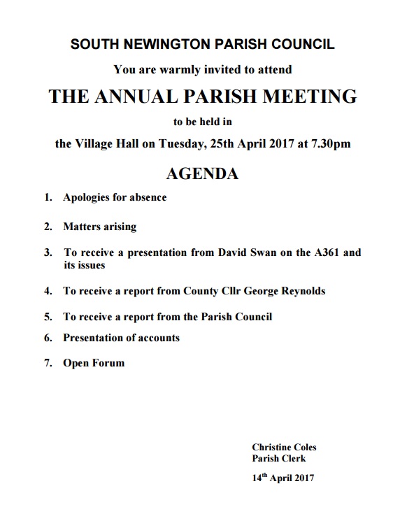 Agenda for parish council meeting, April 2017