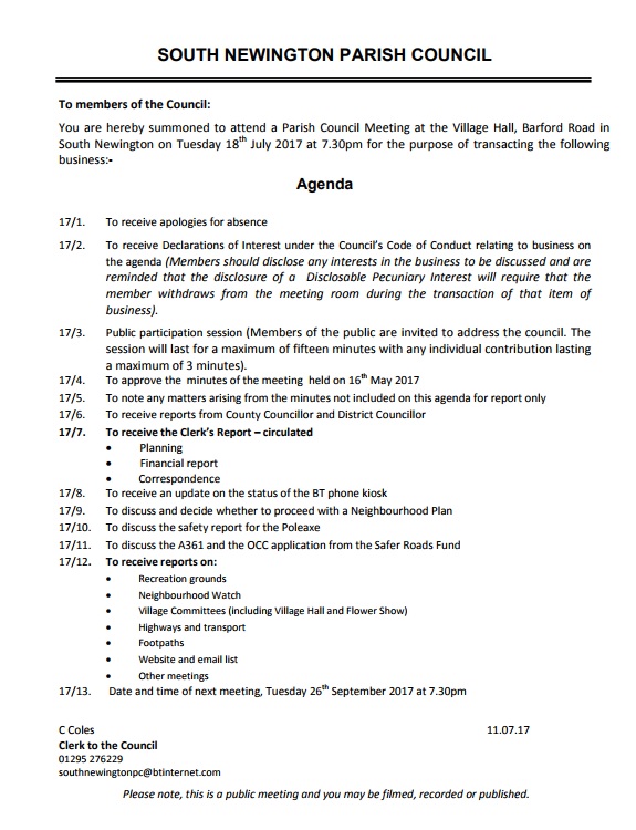 Agenda for Parish council meeting July 2017