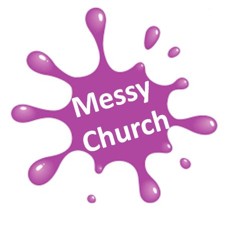 Logo of a pink splat and the text "Messy church"