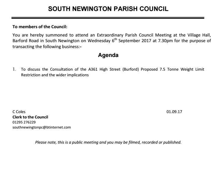 Agenda for South Newington parish council meeting, September 2017