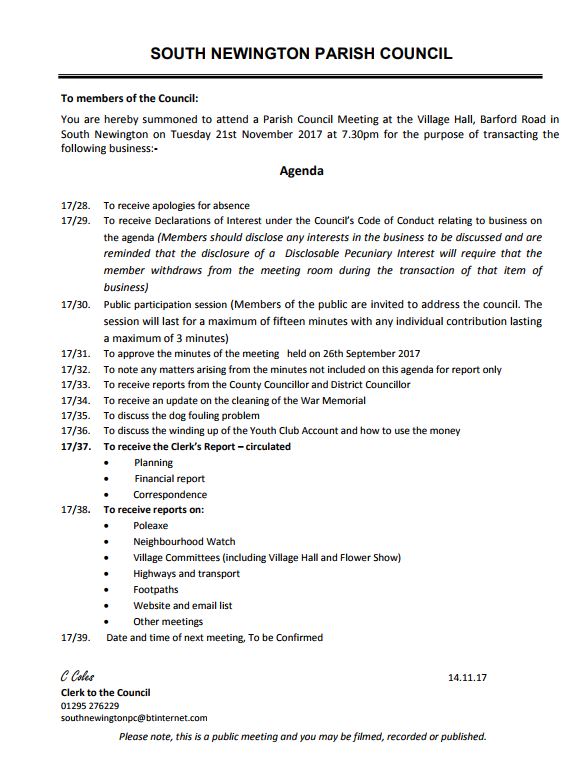 Agenda for Parish council meeting, November 2017