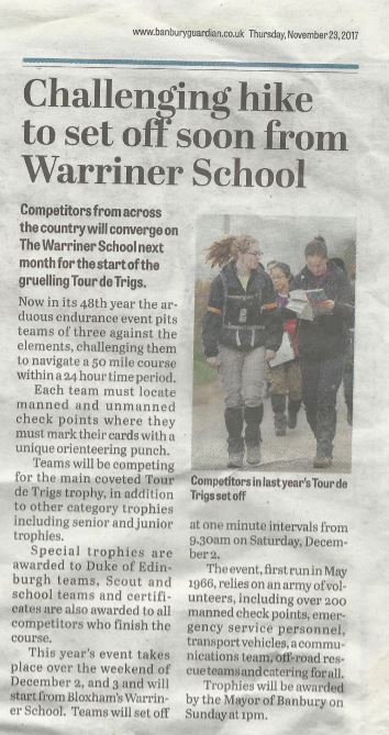 A newspaper clipping from Banbury Guardian. Headline reads: Challenging hike to set off soon from Warriner School
