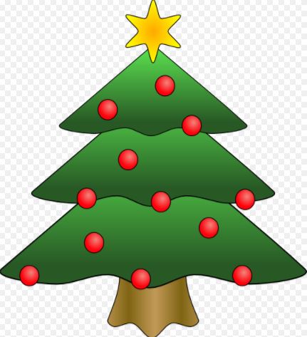 Cartoon of green christmas tree with red baubles and a gold star on top
