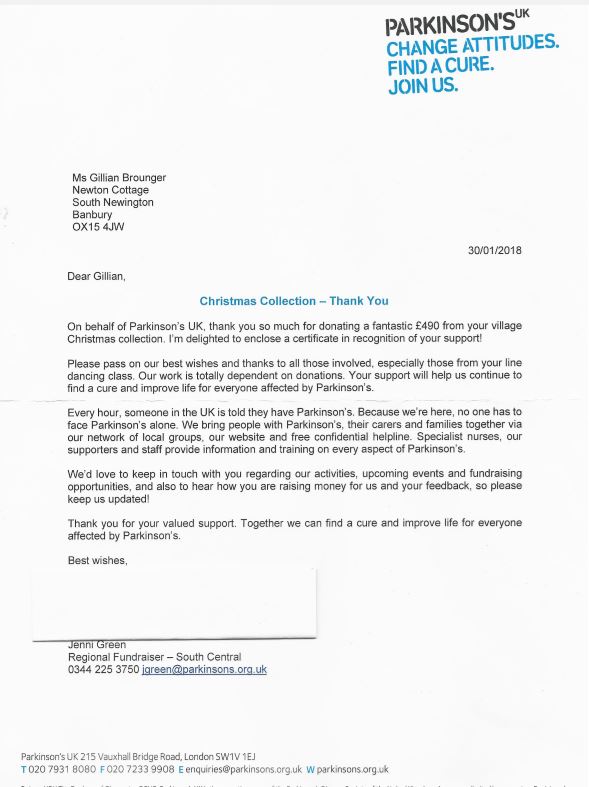 Thank you letter from Parkinson's UK charity for donation of £490