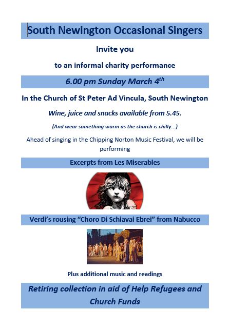 Poster for South Newington Occasional Singers event, March 2018