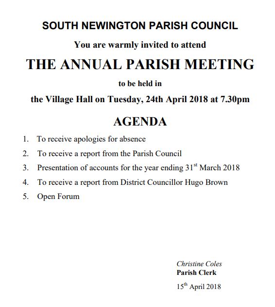 Agenda for Parish Council meeting April 2018