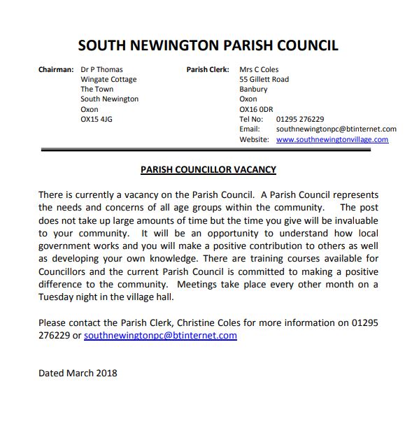 Notice for Parish Councillor vacancy, April 2018