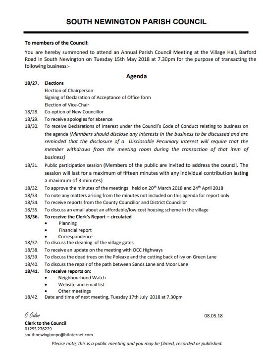 Agenda for Parish council meeting May 2018