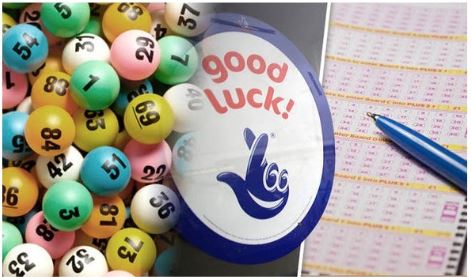 National lottery logo between a paper lottery ticket and a collection of lottery balls