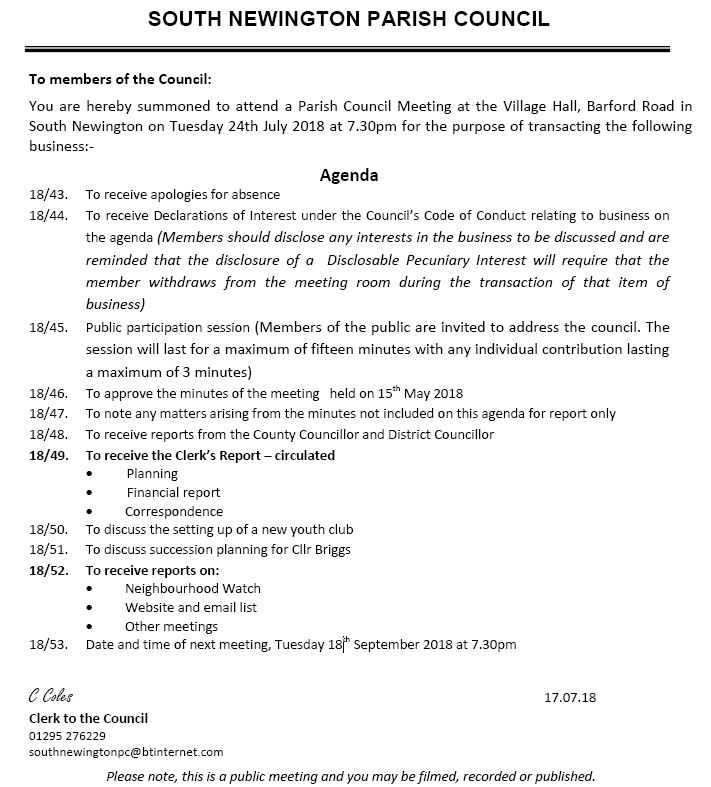 Agenda for Parish council meeting - July 2018