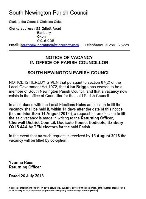 Notice of parish councillor vacancy - August 2018