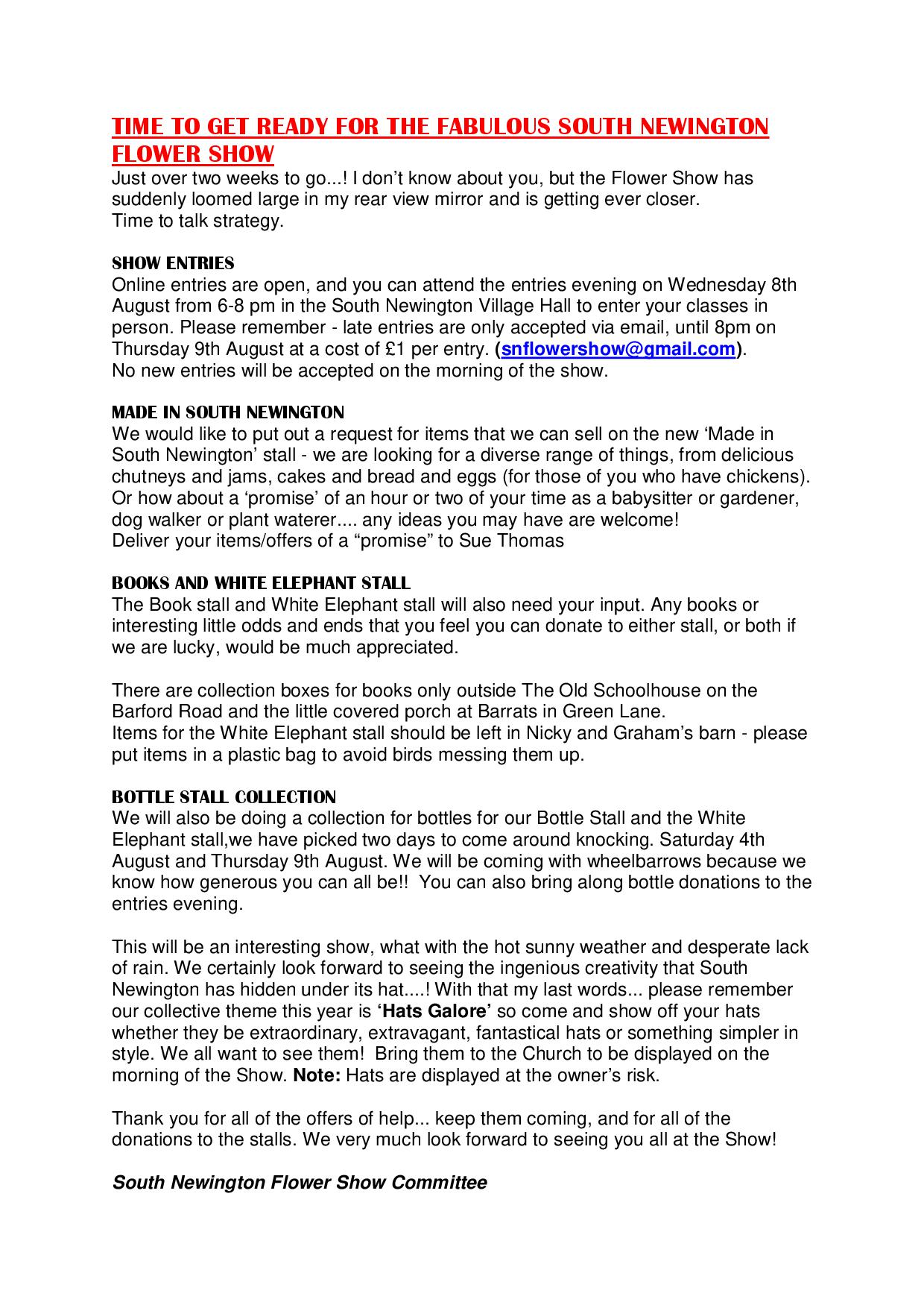 Information for South Newington Flower Show - August 2018