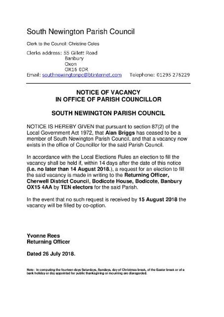 Notice of parish councillor vacancy - August 2018