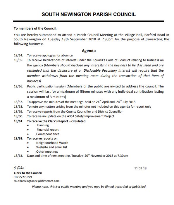 Minutes for Parish Council meeting, September 2018