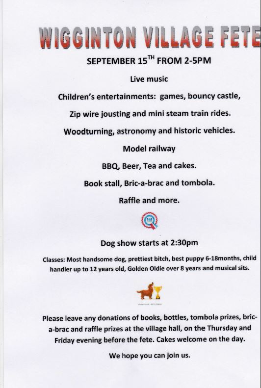 Poster for Wiggington Village Fete - September 2018