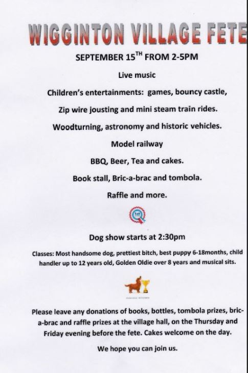Poster for Wiggington Village Fete - September 2018