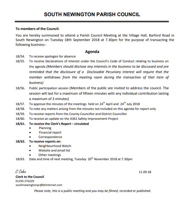 Minutes for Parish Council meeting, September 2018