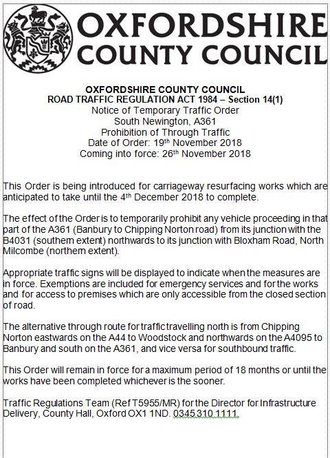 Order for road works - October 2018