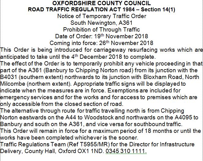 Information on a road closure in October 2018