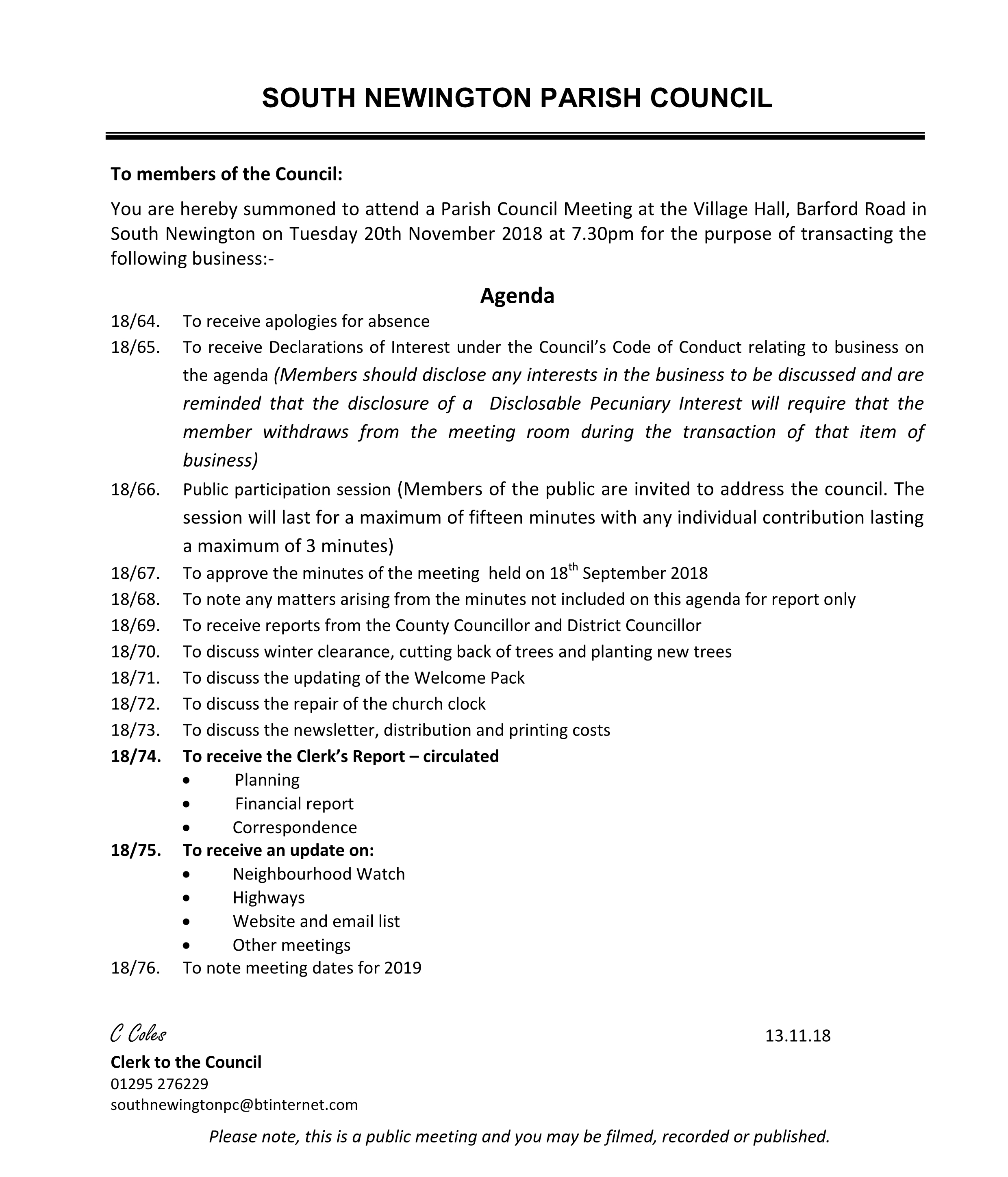 Agenda for parish council metting in November 2018