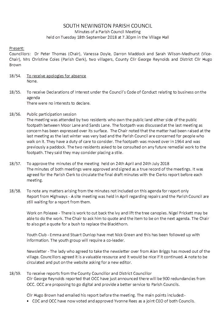 Minutes for parish meeting in November 2018