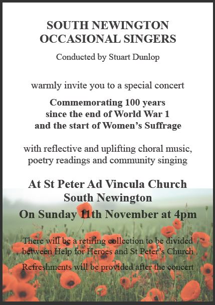Poster for South Newington Occasional Singers event in November 2018