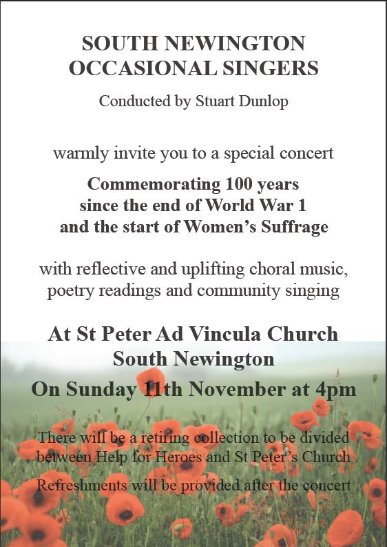 Poster detailing South Newington Occasional Singers event in November 2019