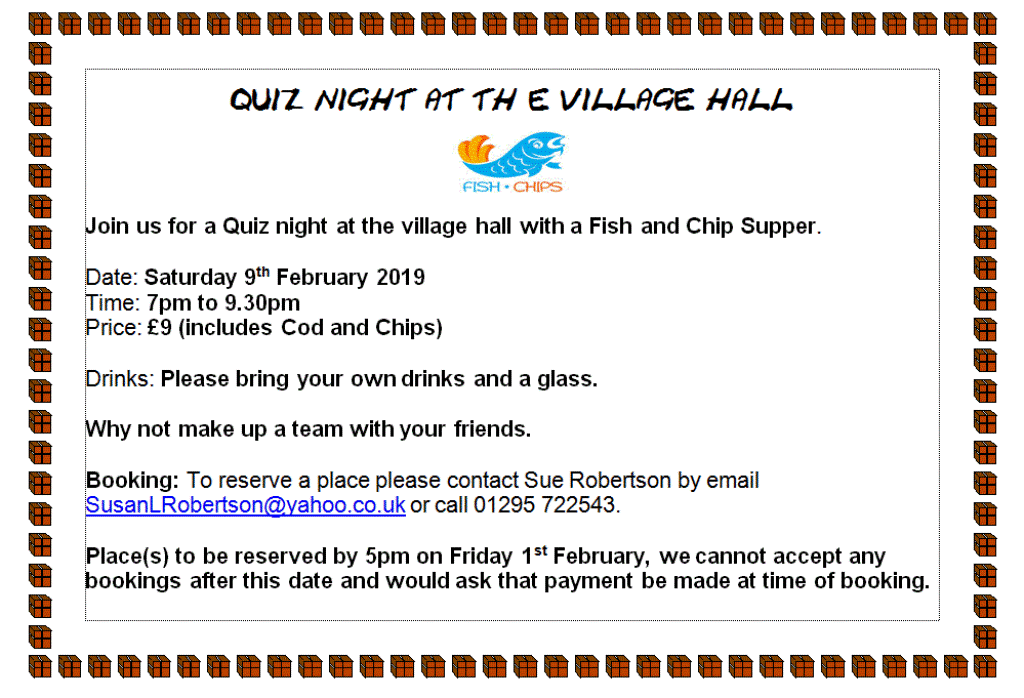 A poster advertising a Quiz Night in February 2019.