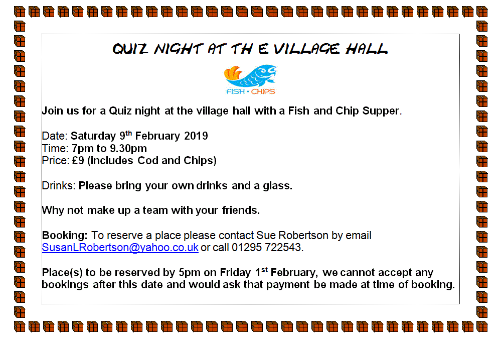 A poster advertising a Quiz Night in February 2019.