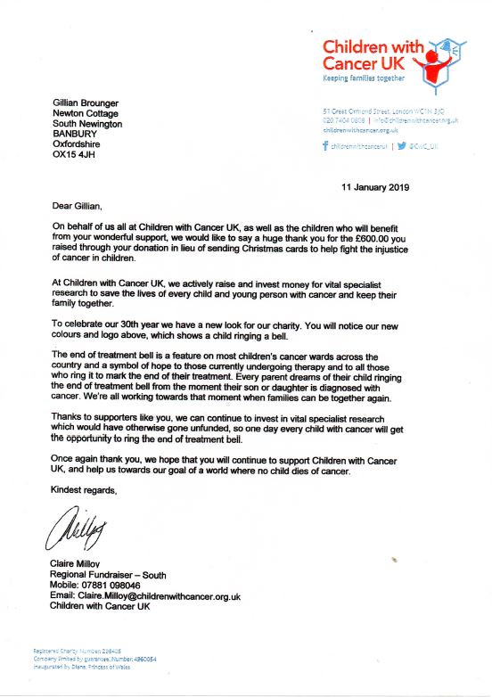 An acknowkledgment of thanks for rasing £600 for Children with Cancer UK