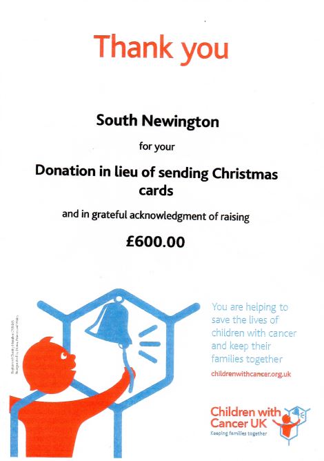 An acknowkledgment of thanks for rasing £600 for Children with Cancer UK