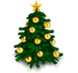 A cartoon image of a green christmas tree with gold baubles.