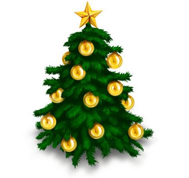 A cartoon image of a green christmas tree with gold baubles.