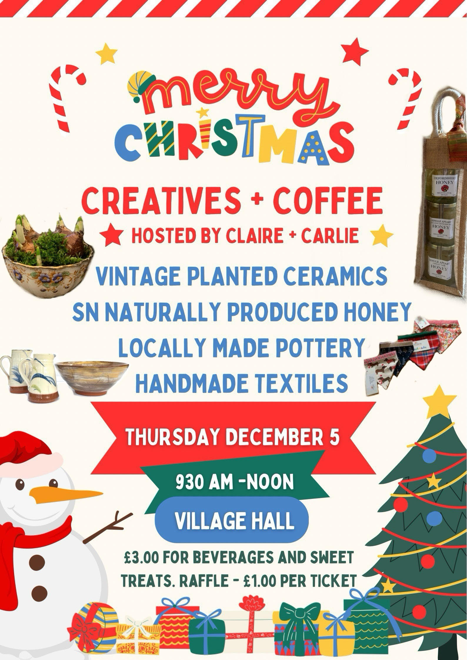 Image of Poster advertising Creative and Coffee and Village Hall - Vintage Planted Ceramics, SN Honey and Locally made pottery and Textiles on Sale. £3 for Beverages and a Sweet. Raffle £1 per Ticket